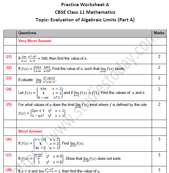 CBSE Class 11 Maths Evaluation of Algebraic Limits Worksheet Set A