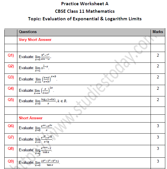 CBSE Class 11 Maths Evaluation of Exponential and Logarithm Limits Worksheet Set A