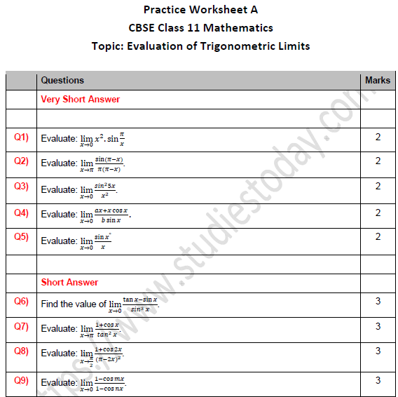 CBSE Class 11 Maths Evaluation of Trigonometric Limits Worksheet Set A