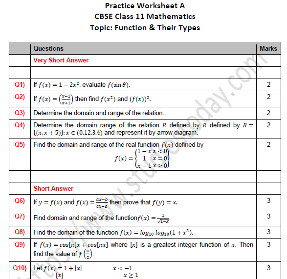 CBSE Class 11 Maths Function and Their Types Worksheet Set A
