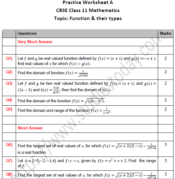 CBSE Class 11 Maths Function and Their Types Worksheet Set B