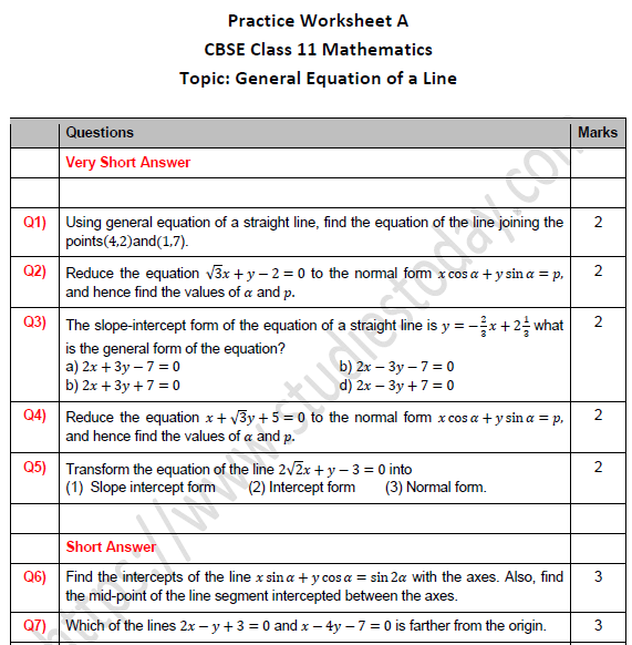 CBSE Class 11 Maths General Equation of a Line Worksheet Set A