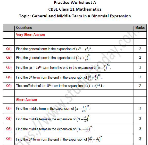 CBSE Class 11 Maths General and Middle Term in a Binomial Expression Worksheet Set A