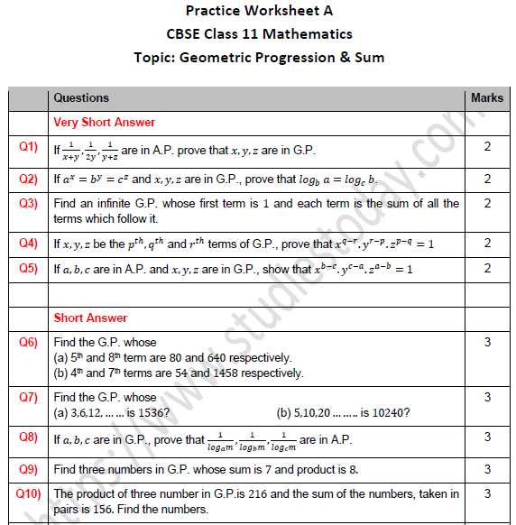 CBSE Class 11 Maths Geometric Progression and Sum Worksheet Set A