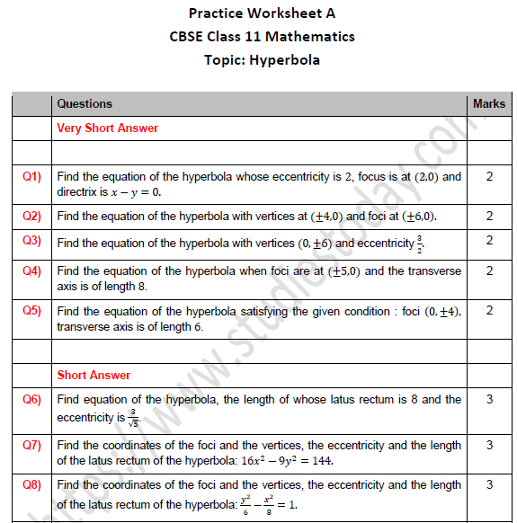 CBSE Class 11 Maths Hyperbola Worksheet Set A