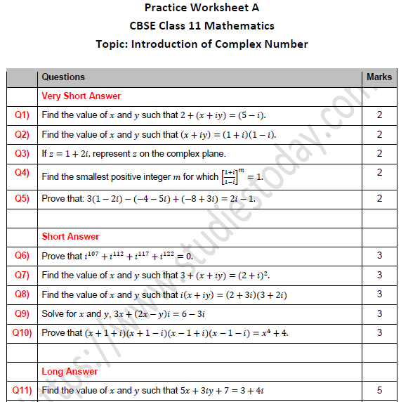CBSE Class 11 Maths Introduction of Complex Number Worksheet Set A