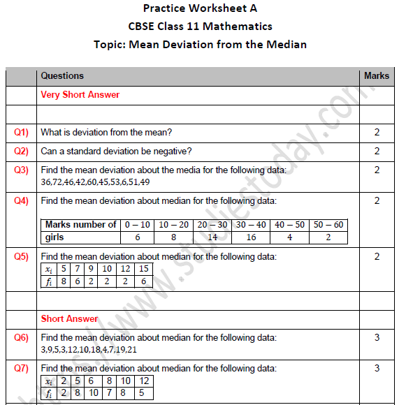 CBSE Class 11 Maths Mean Deviation From the Median Worksheet Set A