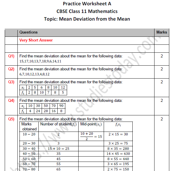 CBSE Class 11 Maths Mean Deviation from the Mean Worksheet Set A