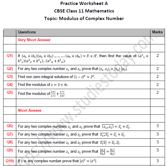 CBSE Class 11 Maths Modulus of Complex Number Worksheet Set A