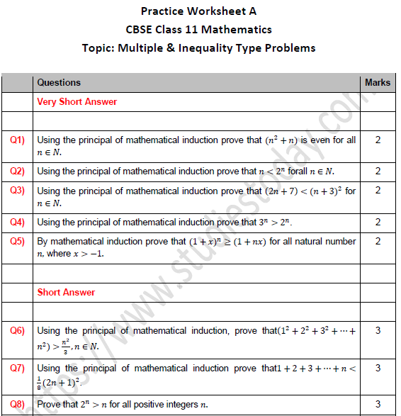 CBSE Class 11 Maths Multiple and Inequality Type Problems Worksheet Set A