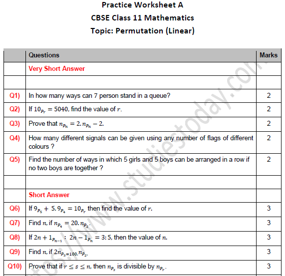 CBSE Class 11 Maths Permutation (Linear) Worksheet Set A