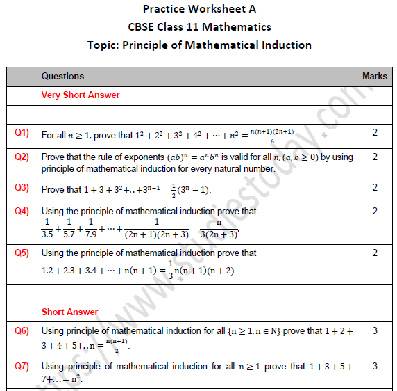 CBSE Class 11 Maths Principle of Mathematical Induction Worksheet Set A