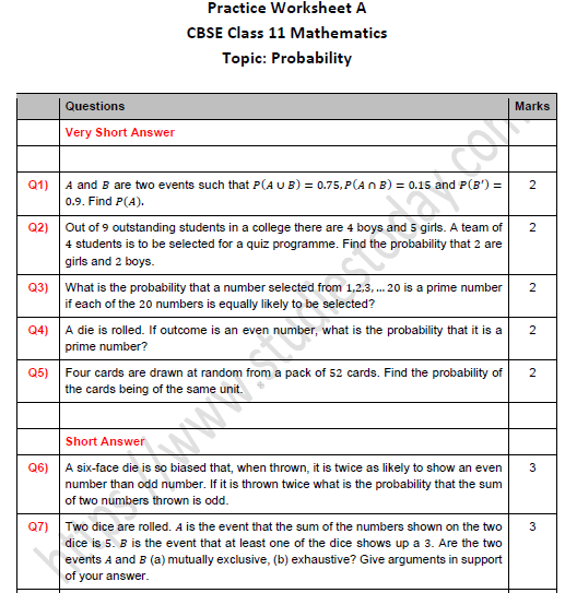 CBSE Class 11 Maths Probability Worksheet Set A