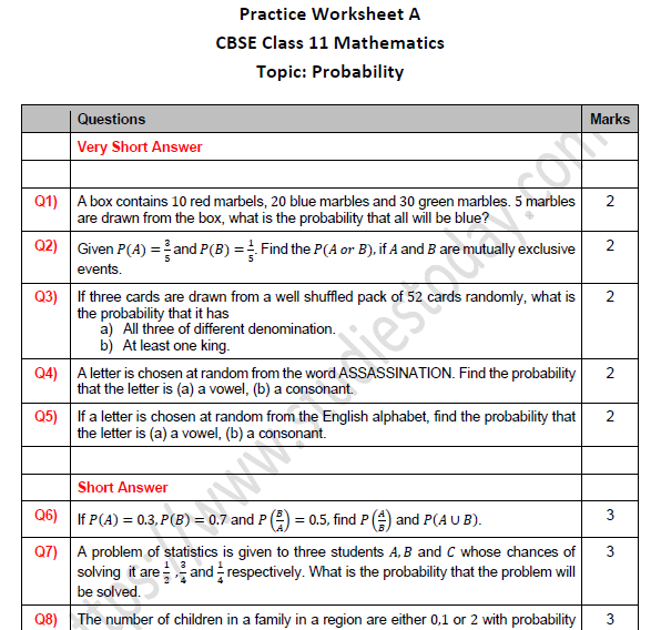 CBSE Class 11 Maths Probability Worksheet Set B