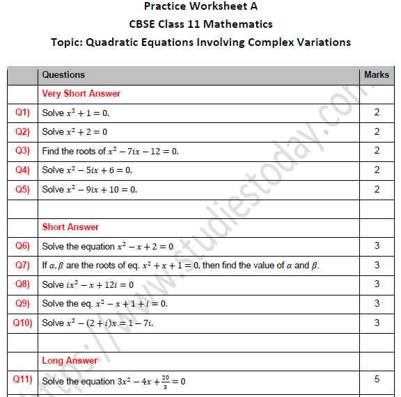 CBSE Class 11 Maths Quadratic Equations Involving Complex Variations Worksheet Set A