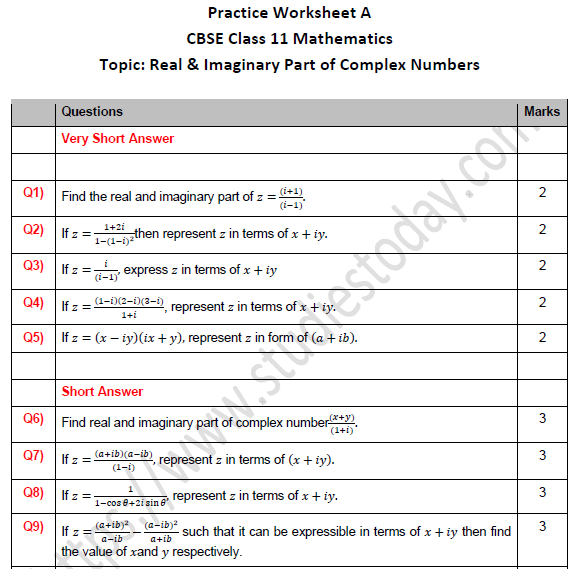 CBSE Class 11 Maths Real and Imaginary Part of Complex Numbers Worksheet Set A