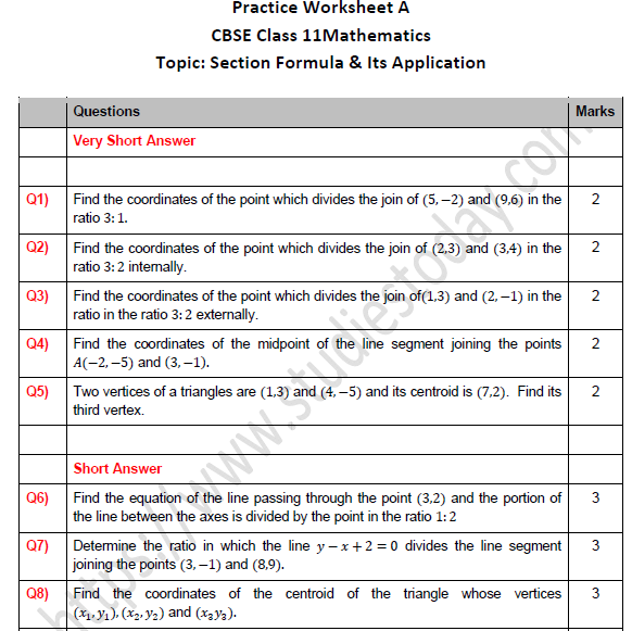 CBSE Class 11 Maths Section Formula and Its Application Worksheet Set A