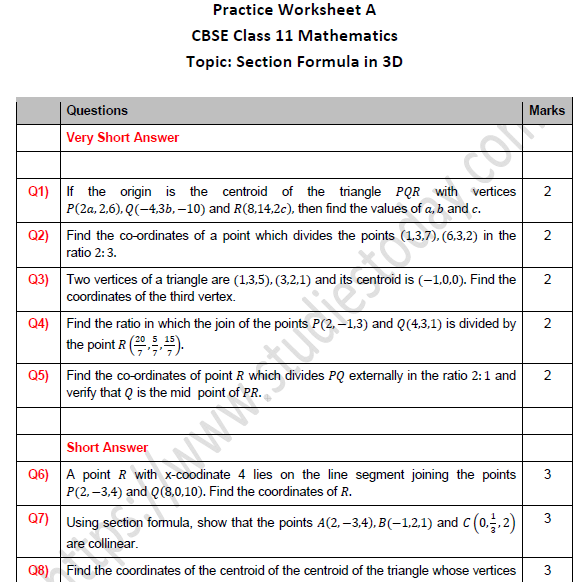 CBSE Class 11 Maths Section Formula in 3D Worksheet Set A
