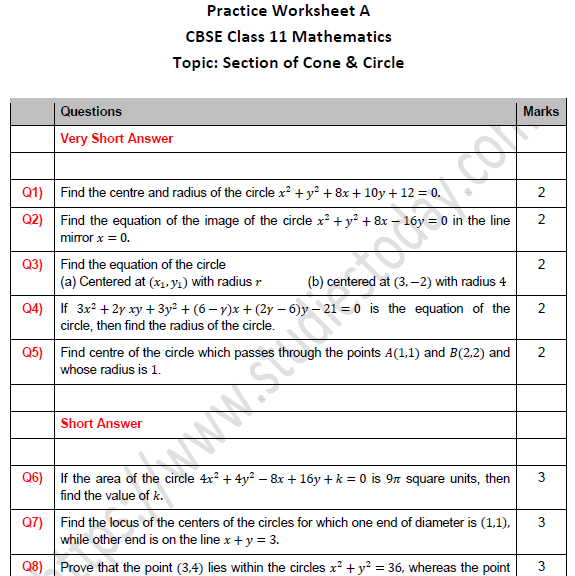 CBSE Class 11 Maths Section of Cone and Circle Worksheet Set A