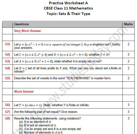 CBSE Class 11 Maths Sets and Their Type Worksheet Set A