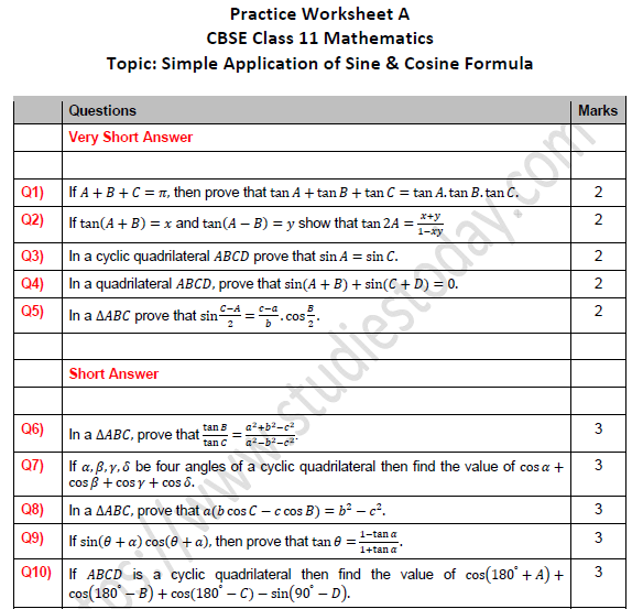 CBSE Class 11 Maths Simple Application of Sine and Cosine Formula Worksheet Set A