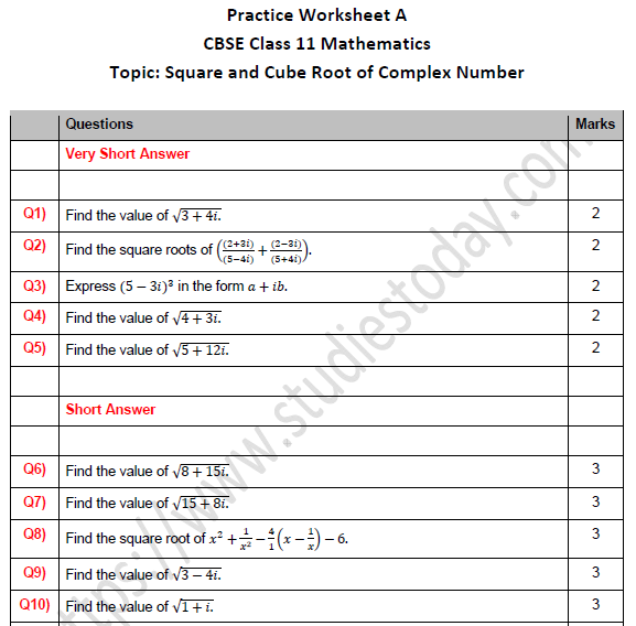 CBSE Class 11 Maths Square and Cube Root of Complex Number Worksheet Set A