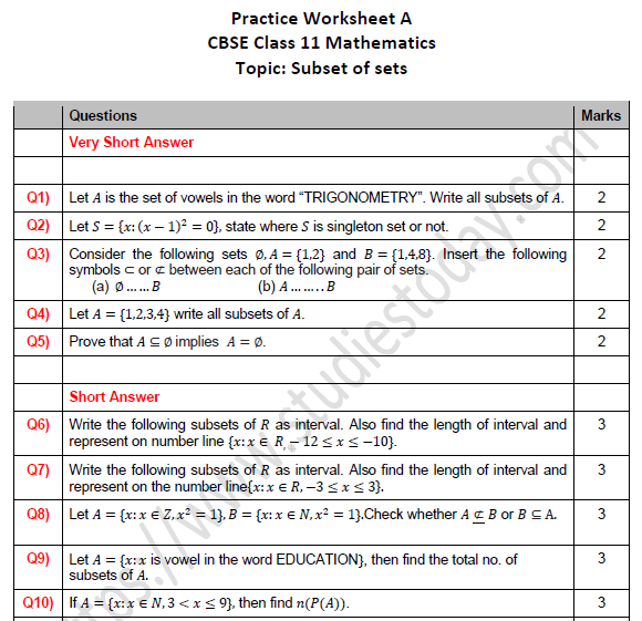 CBSE Class 11 Maths Subset of Sets Worksheet Set A