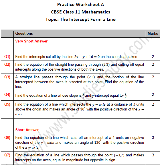 CBSE Class 11 Maths The Intercept Form a Line Worksheet Set A