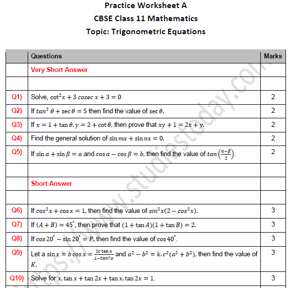 CBSE Class 11 Maths Trigonometric Equations Worksheet Set A
