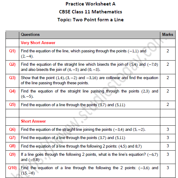 CBSE Class 11 Maths Two Point form a Line Worksheet Set A