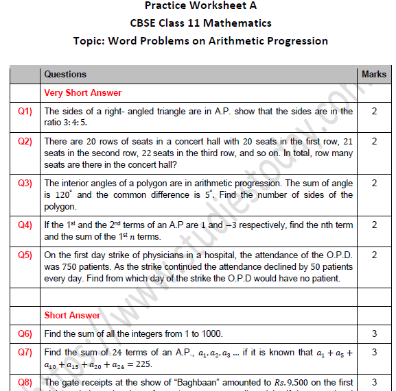 CBSE Class 11 Maths Word Problems on Arithmetic Progression Worksheet Set A
