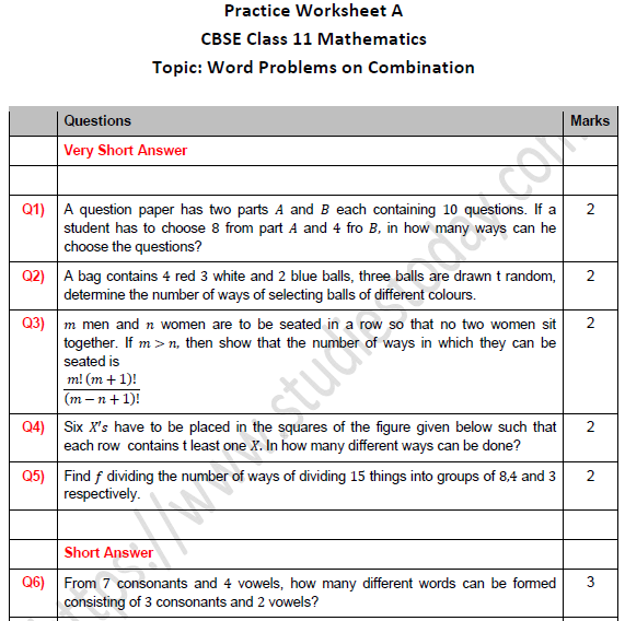 CBSE Class 11 Maths Word Problems on Combination Worksheet Set A