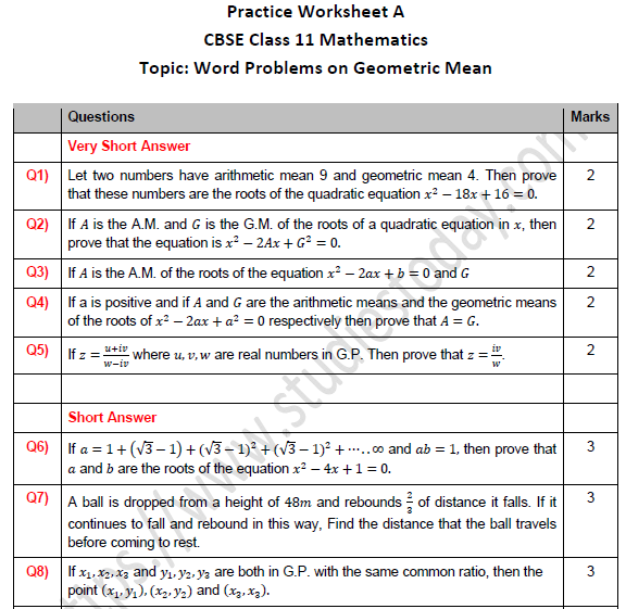 CBSE Class 11 Maths Word Problems on Geometric Mean Worksheet Set A