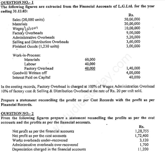 CA IPCC Reconciliation of Cost and Financial Accounts Questions