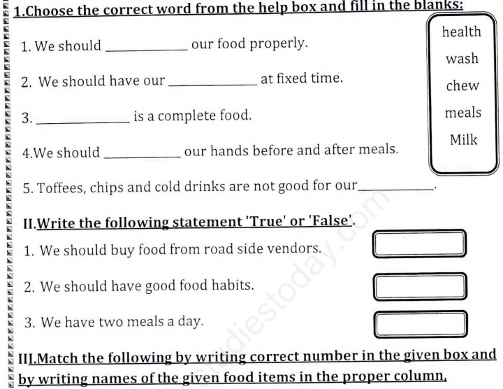 CBSE Class 1 EVS Food Assignment