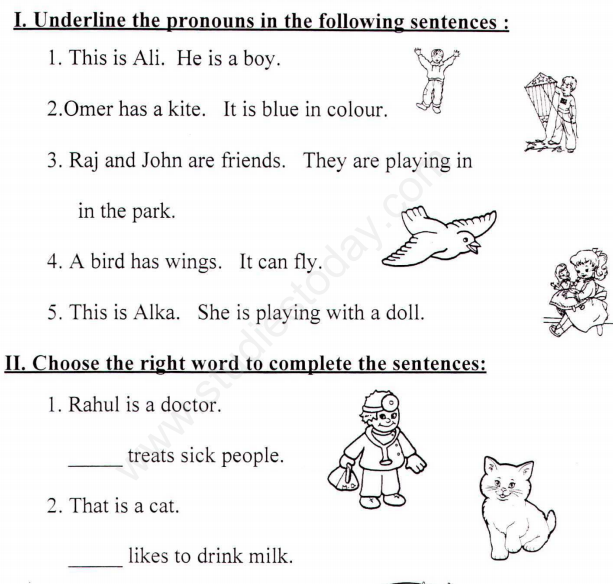 CBSE Class 1 English Grammar Pronoun Assignment