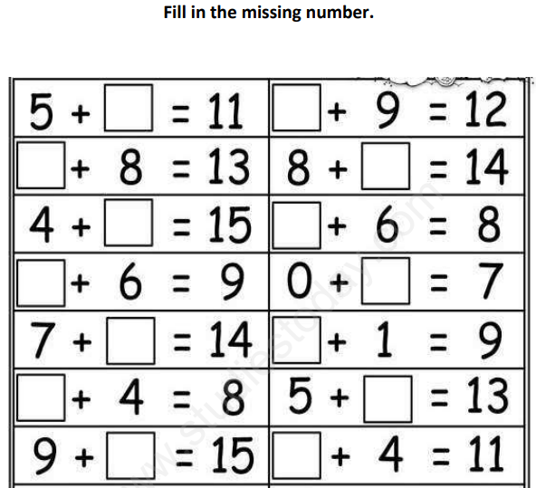 CBSE Class 1 Maths Fill in the missing numbers Assignment Set B