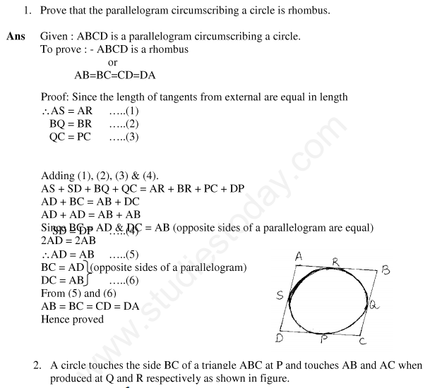 CBSE Class 10 Mathematics Circles Assignment Set E