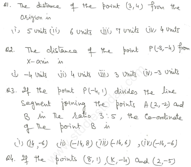 CBSE Class 10 Mathematics Coordinate Geometry Assignment Set L