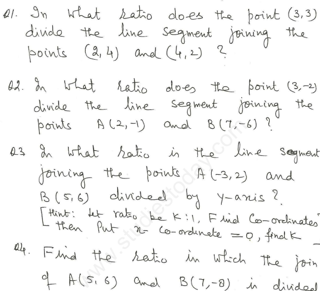 CBSE Class 10 Mathematics Coordinate Geometry Assignment Set Q