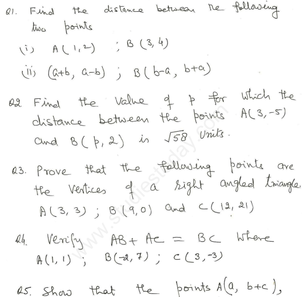 CBSE Class 10 Mathematics Coordinate Geometry Assignment Set T