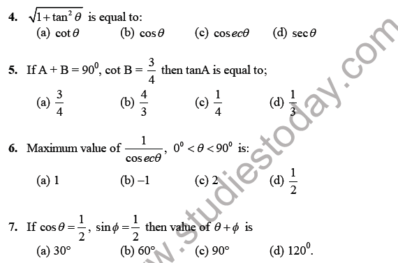 CBSE Class 10 Mathematics Introduction to Trigonometry MCQs Set D