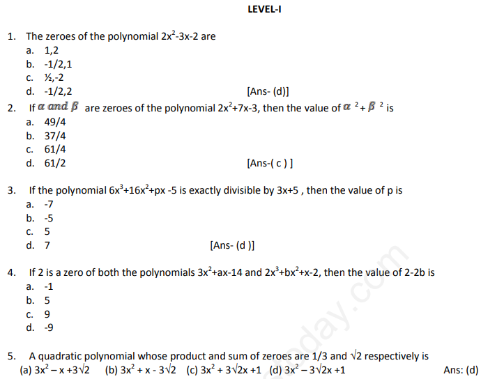 CBSE Class 10 Mathematics Polynomials Assignment Set B