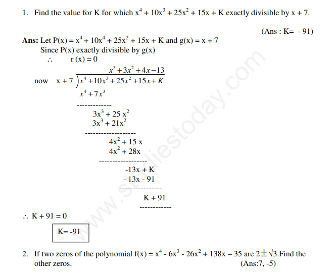 CBSE Class 10 Mathematics Polynomials Assignment Set C
