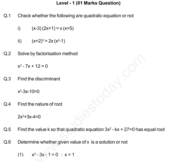 CBSE Class 10 Mathematics Quadratic Equations Assignment Set E