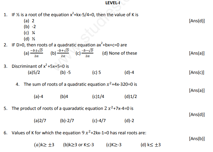 CBSE Class 10 Mathematics Quadratic Equations Assignment Set J