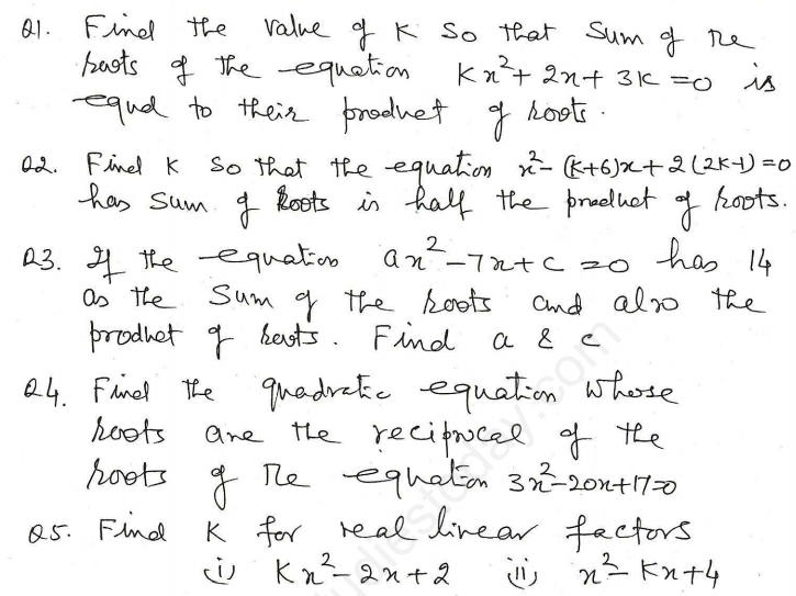 CBSE Class 10 Mathematics Quadratic Equations Assignment Set O