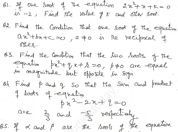 CBSE Class 10 Mathematics Quadratic Equations Assignment Set P