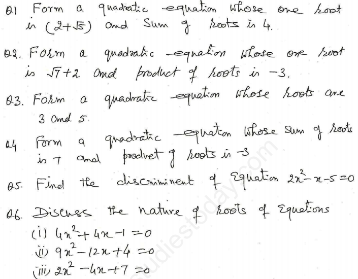 CBSE Class 10 Mathematics Quadratic Equations Assignment Set Q