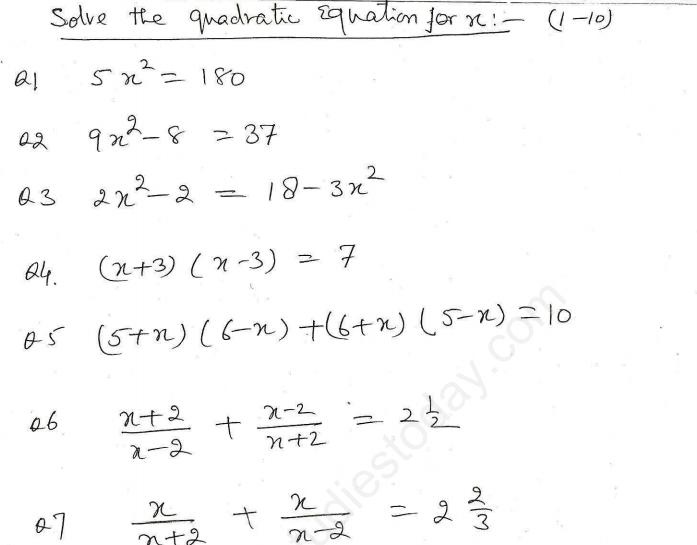 CBSE Class 10 Mathematics Quadratic Equations Assignment Set S